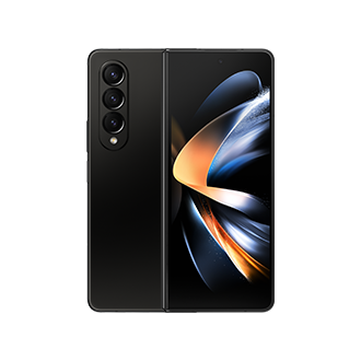 Two Phantom Black Galaxy Z Fold4s are unfolded and standing vertically. One faces forward, displaying a colorful ribbon-like wallpaper. The other is facing backward, showcasing the Phantom Black cover..