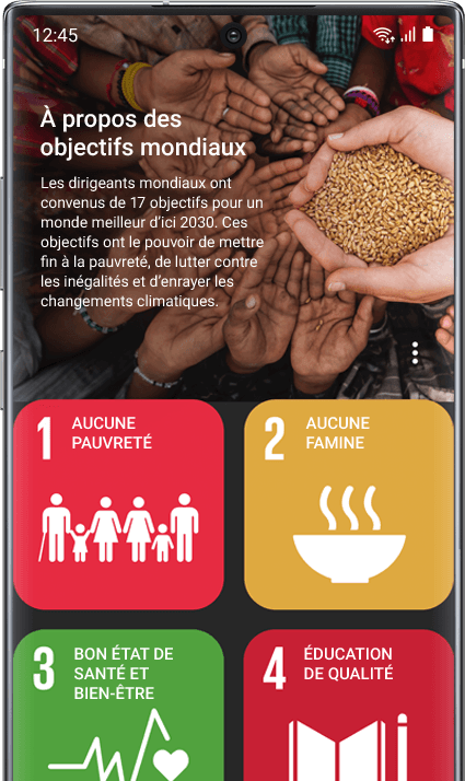 Galaxy Note10 plus avec l'application Global Goals à l'écran