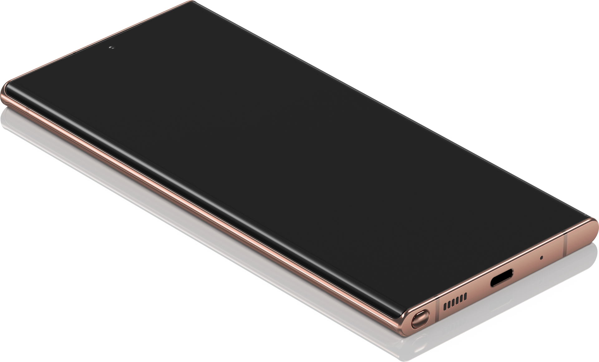 Trois téléphones Galaxy Note20 Ultra en Bronze Mystique, tous avec l’écran vers le haut affichant une variété d'applications pour montrer les couleurs vives et l'écran lumineux.