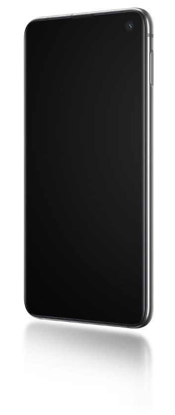 Galaxy S10e vu à un angle de trois quarts du côté du bouton d'alimentation avec une ligne indiquant la reconnaissance des visages et une autre indiquant le lecteur d'empreintes digitales sur le bouton d'alimentation.