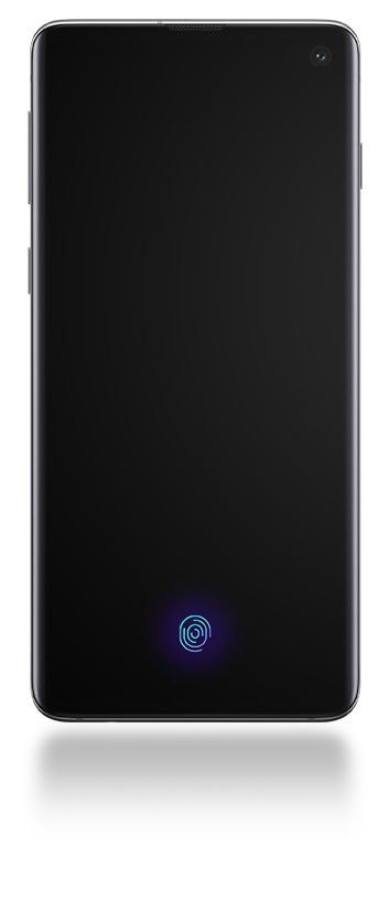 Galaxy S10 vu de face avec un écran noir et une ligne indiquant la reconnaissance des visages et une autre indiquant les empreintes digitales ultrasoniques.