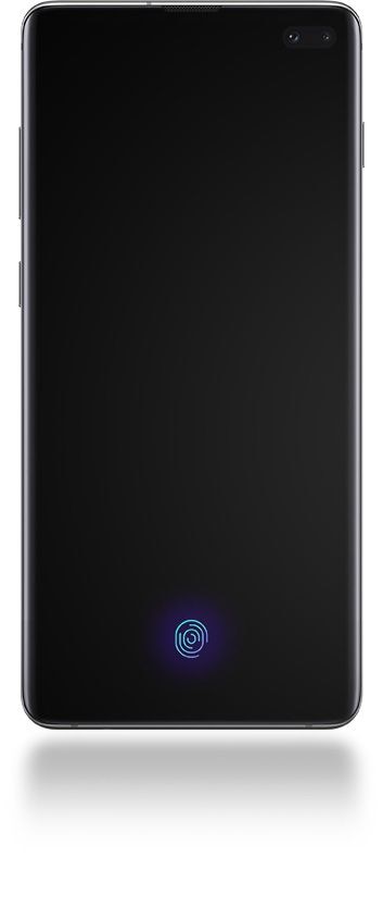 Galaxy S10 plus vu de face avec un écran noir et une ligne soulignant la reconnaissance des visages et un autre soulignant les empreintes digitales ultrasoniques.