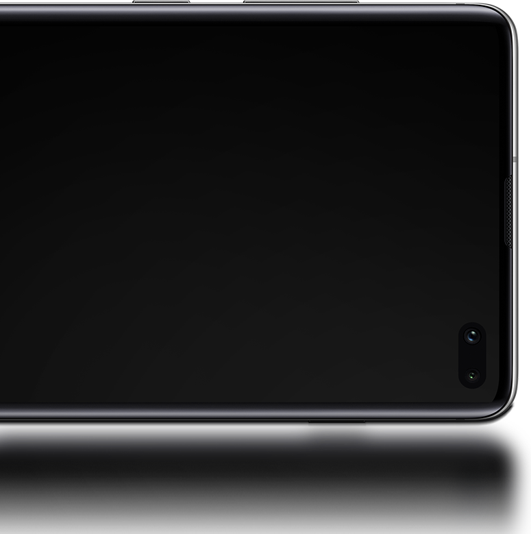 La moitié supérieure du Galaxy S10 plus en mode paysage, vue de l'avant, avec le plateau SIM hybride éjecté et deux cartes SIM en place.