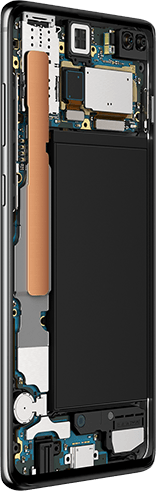 Image animée du Galaxy S10 plus vue à un angle de trois quarts du côté de Bixby et du bouton de volume. L'écran apparaît pour révéler les cinq couches de Samsung Knox intégrées à partir de la puce.