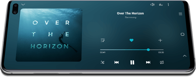 Galaxy S10 plus couché sur le dos, légèrement en biais, avec l'interface Samsung Music à l'écran et des cercles animés sur les côtés montrant les haut-parleurs stéréo.