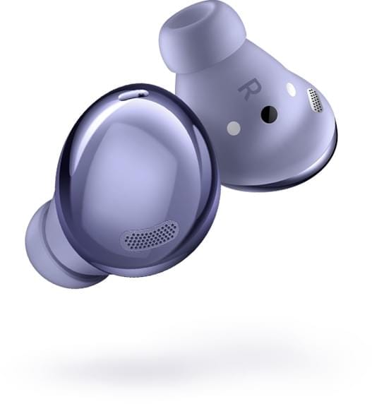 Écouteurs Galaxy Buds Pro Violet Fantôme orientés dans des directions opposées.