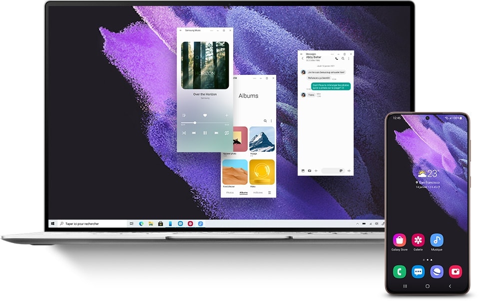 Ordinateur portable vu de face, ouvert avec la galerie Galaxy S21 Plus 5G, les messages et les applications Samsung Music à l’écran. Il affiche le même arrière-plan graphique que le Galaxy S21 Plus 5G et démontre ainsi les capacités de synchronisation entre les deux appareils.