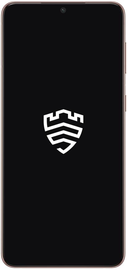 Galaxy S21 Plus 5G vu de face avec un logo Samsung Knox blanc à l’écran.