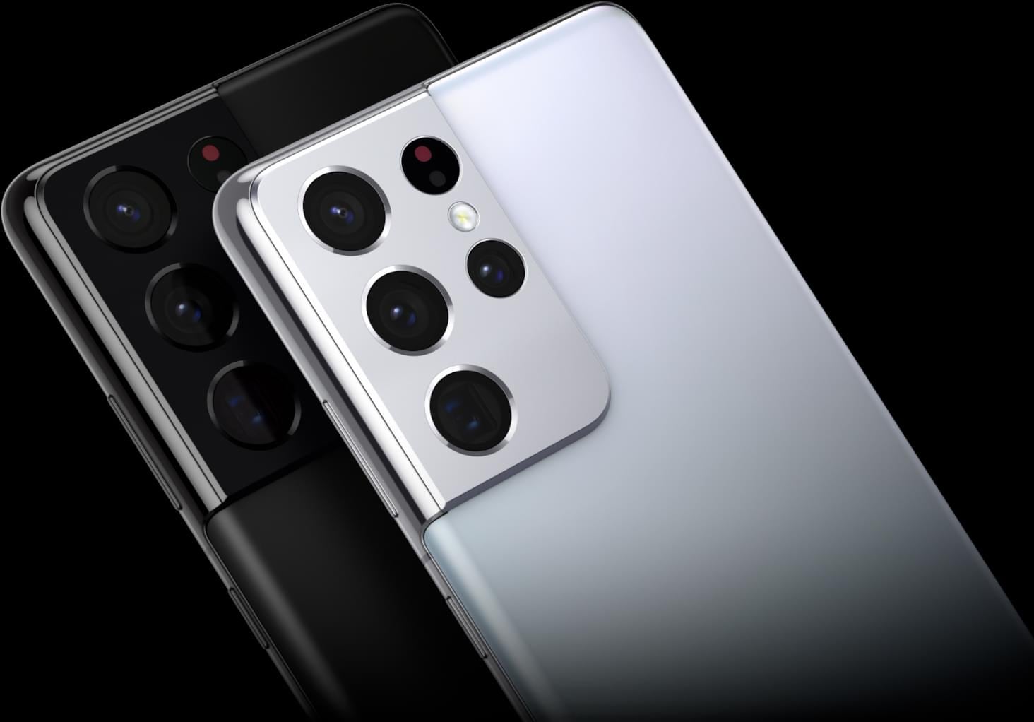 Deux téléphones Galaxy S21 Ultra 5G vus de dos en biais, l’un en Noir Fantôme et l’autre en Argent Fantôme.