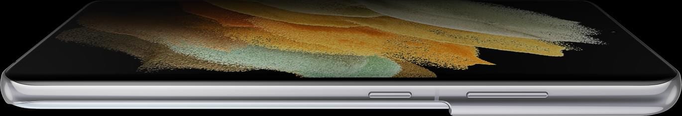 Galaxy S21 Ultra 5G vu à plat sur le côté avec un fond d’écran graphique orange à l’écran.