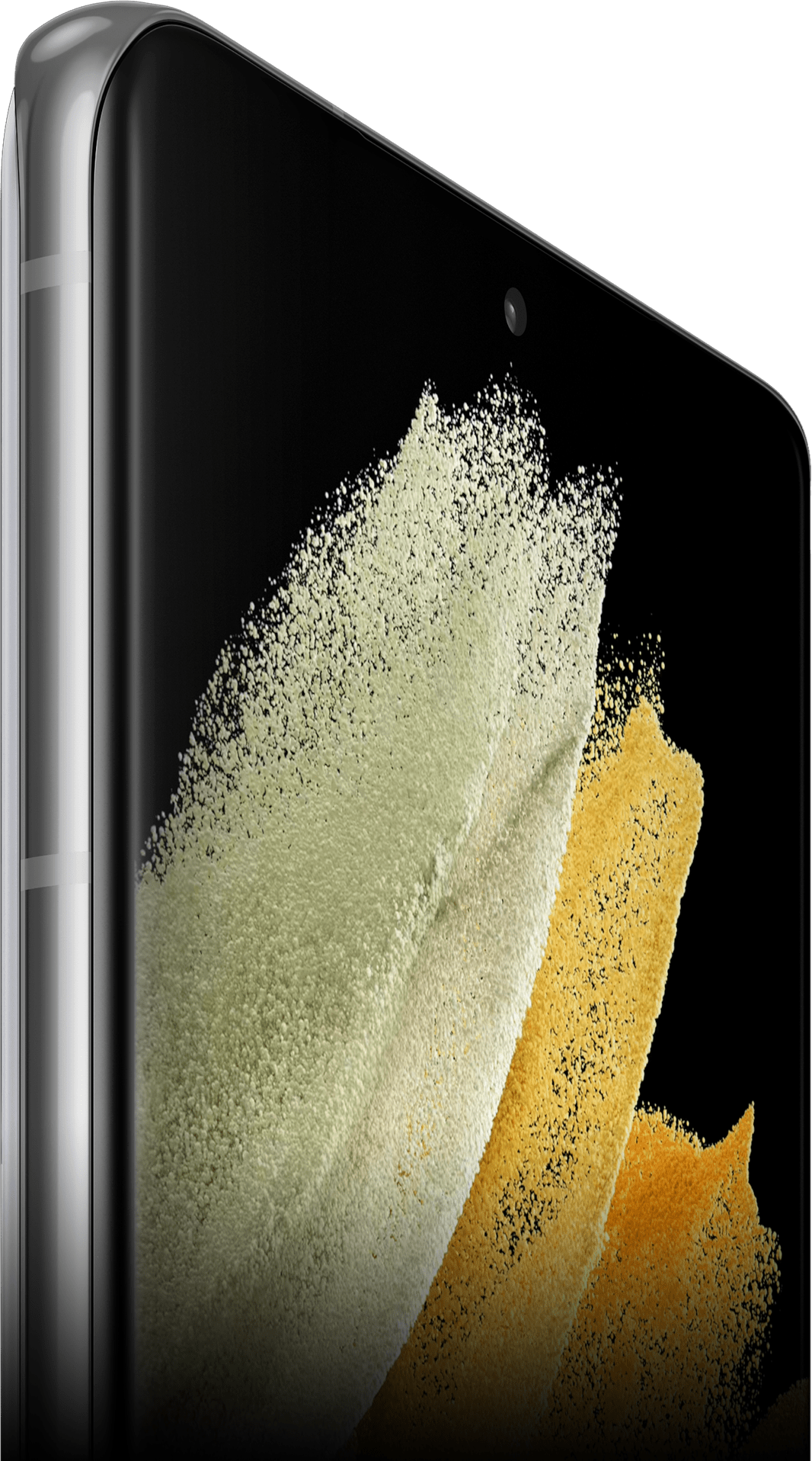 Gros plan sur un Galaxy S21 Ultra 5G en Argent Fantôme vu en biais avec un fond d’écran graphique à l’écran.