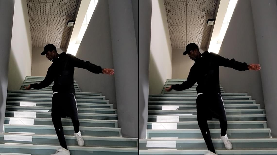 Un homme dansant dans un escalier. Un cliché réalisé avec le Galaxy S21 Ultra 5G sans mode ultra stable, et un autre avec le mode ultra stable. Le cliché pris avec le mode ultra stable est clair et détaillé.
