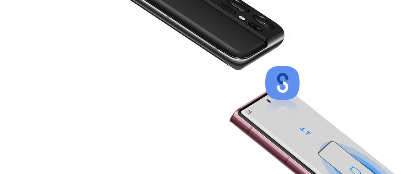 Un smartphone Galaxy plus ancien vu de l'arrière et un Galaxy S22 Ultra vu de face. Les téléphones sont à un angle pointé l'un vers l'autre et l'icône Smart Switch est au centre. Sur l'écran du Galaxy S22 Ultra se trouve l'écran de démarrage Smart Switch.
