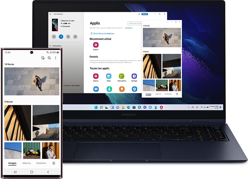 Galaxy S22 Ultra et un ordinateur portable Galaxy Book tous deux vus de face. Le Galaxy S22 Ultra a la Galerie à l'écran, montrant des photos. Galaxy Book a l'application Lien vers Windows à l'écran, montrant la même application Galerie ouverte sur le PC.