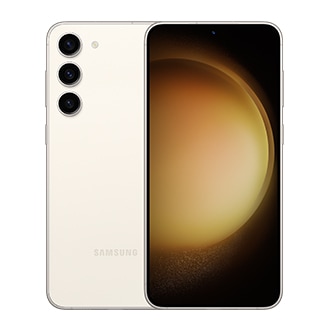 Deux téléphones Galaxy S23 plus en crème, un vu de face et un vu de l'arrière.