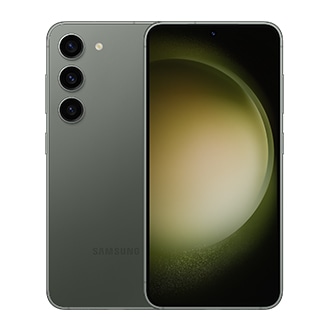 Deux téléphones Galaxy S23 en vert, l'un vu de face et l'autre vu de l'arrière.