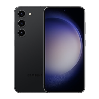 Deux téléphones Galaxy S23 en noir fantôme, l'un vu de face et l'autre vu de dos.