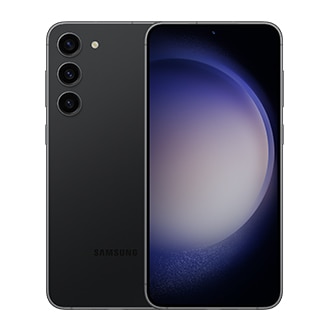Deux téléphones Galaxy S23 plus en noir fantôme, l'un vu de face et l'autre vu de dos.