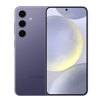 Deux téléphones Galaxy S24 en violet cobalt, l'un vu de face et l'autre de dos.