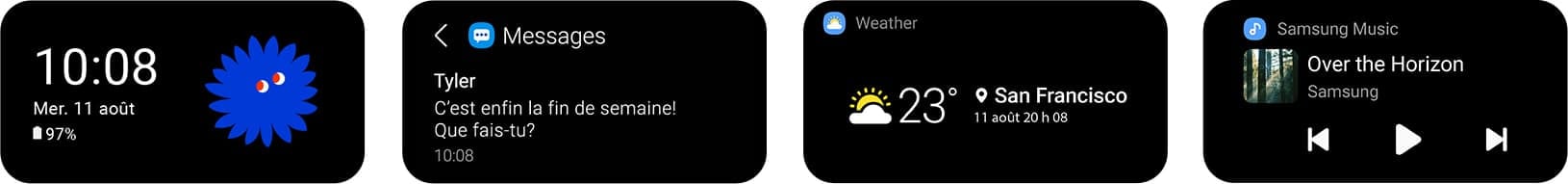 Un 8 crème sur fond noir avec aiguilles de montre analogique. Il reprend sa forme de l’écran de couverture du Galaxy Z Flip3 5G et affiche « Mercredi 11 août » et l’autonomie de la pile à 97%. Il se dépose dans l’écran de couverture pour montrer l’option d’affichage. D’autres options d’affichage apparaissent en arrière-plan, y compris une notification de messages de Tyler, la météo à San Francisco et les commandes Samsung Music.