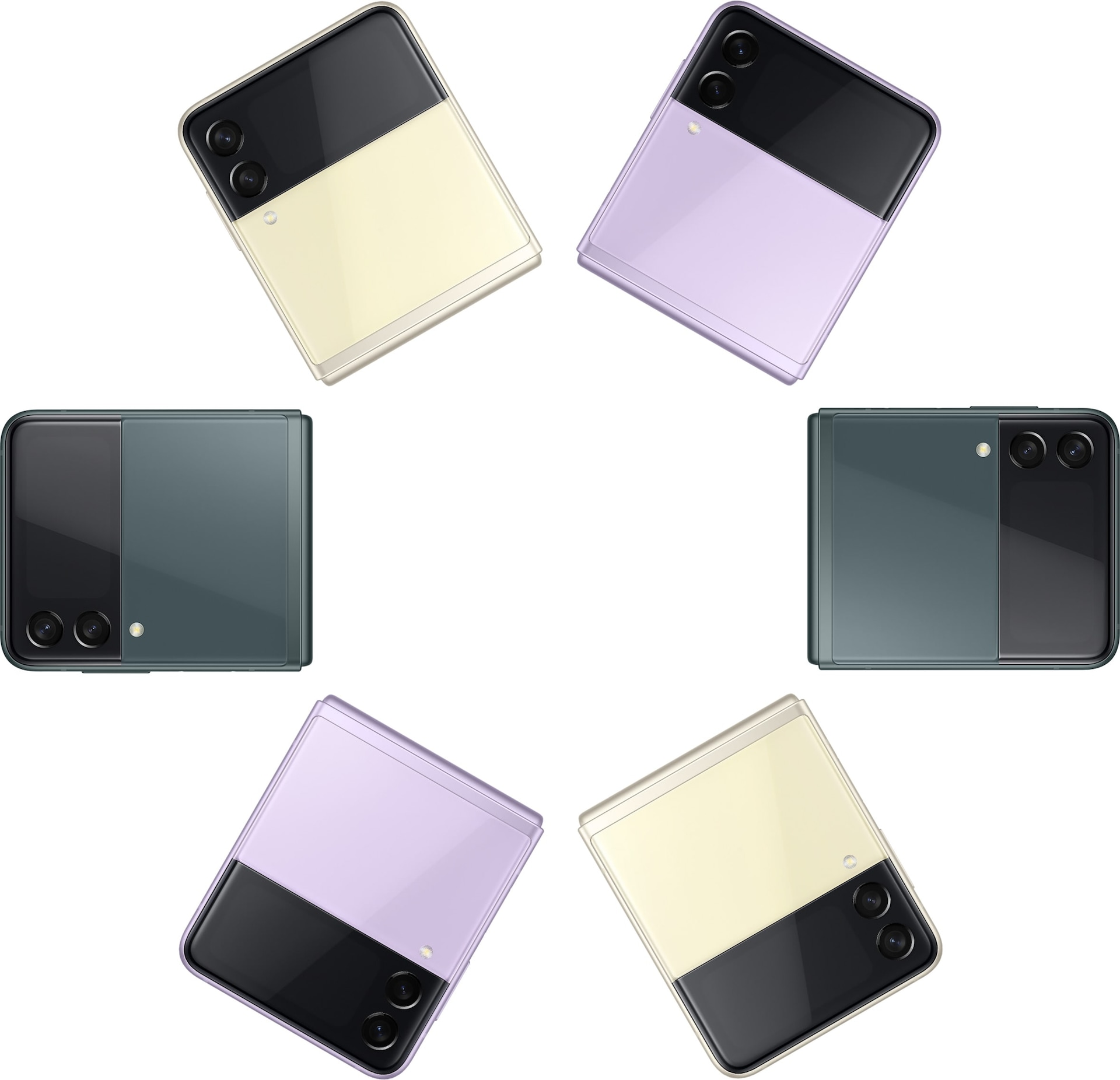 Six téléphones Galaxy Z Flip3 5G, tous pliés et vus de la couverture avant. Deux en crème, deux en lavande et deux en vert, toutes des couleurs alternantes.