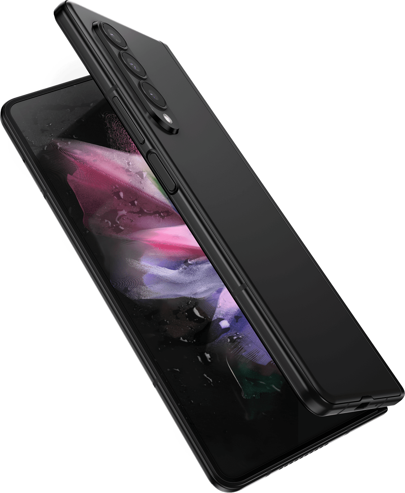 Le Galaxy Z Fold3 5G partiellement déplié et vu du côté ouvert, avec un fond d’écran coloré sur l’écran principal. Il est entouré d’un jet d’eau.