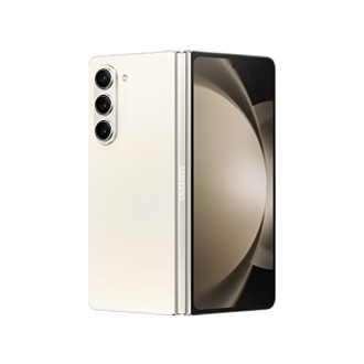 Le Galaxy Z Fold5 de couleur crème partiellement plié et vu de l'arrière
                            