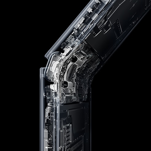 Les composants mécaniques internes du Galaxy Z Fold5, centrés autour de la charnière Flex.