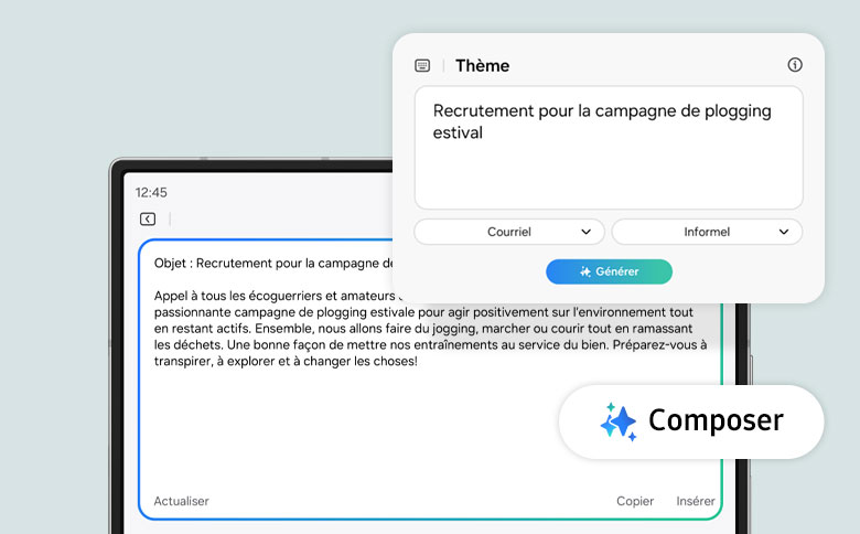 Vue à l’écran, la fonction Composer de Chat Assist génère un bloc de texte. Un e-mail est rédigé sur la base de quelques mots-clés.