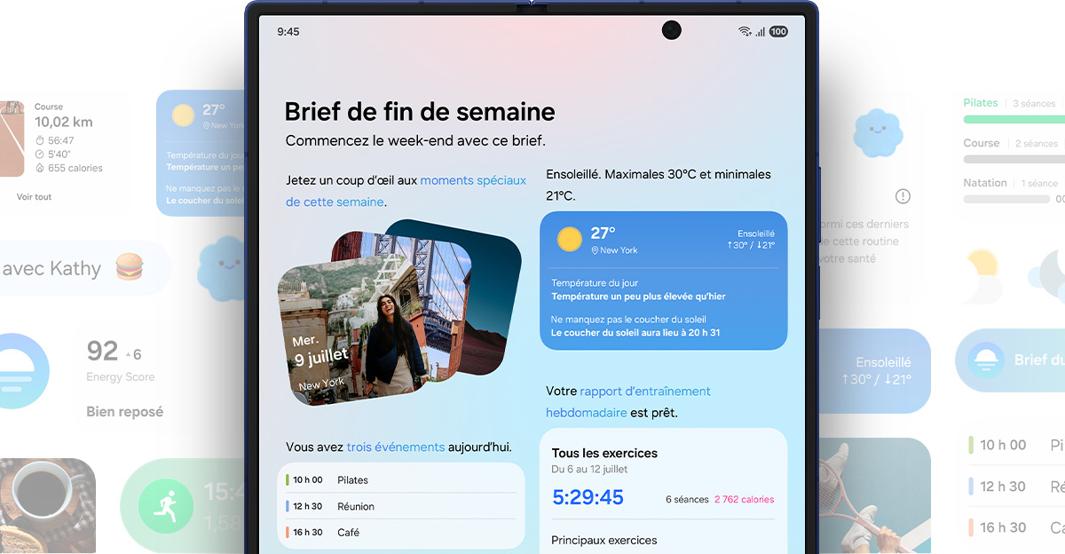 Le Galaxy Z Fold7 est vu déplié depuis son écran principal. Now Brief est actif : le briefing du week-end affiche les souvenirs photo, les événements à venir, la météo du moment et des données sportives. D’autres informations Now Brief apparaissent autour de l’appareil, telles que l’Energy Score et les données de course.