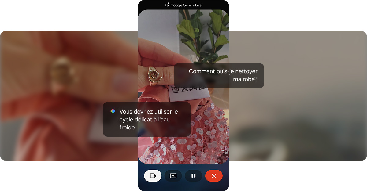 Google Gemini Live est actif et l’utilisateur recherche des conseils pour laver sa robe. À travers la caméra, l’écran affiche l’étiquette d’entretien, avec les symboles de lavage mis en évidence.