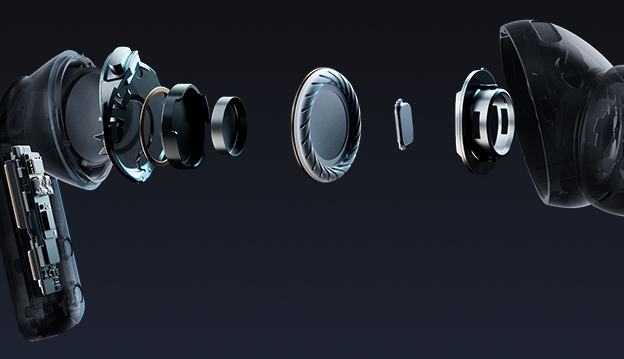 Um único auricular Galaxy Buds4 Pro numa vista explodida a mostrar o sistema de áudio no interior, incluindo o woofer mais amplo e o tweeter da Coluna de 2 vias.