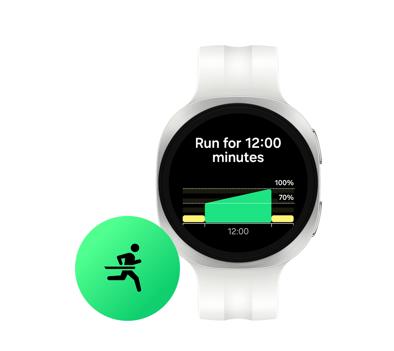 Programa de Treinador de Corrida no Galaxy Watch9 em Creme com uma Pulseira Desportiva em Creme. Texto Corra durante 12:00 minutos e veja o gráfico associado abaixo. Ao lado do Galaxy Watch9 está o ícone do exercício de corrida.