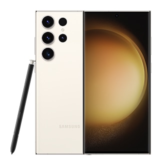 Dois telefones Galaxy S23 Ultra em Creme, um visto de frente e outro visto de trás. A S Pen integrada se inclina para o lado.