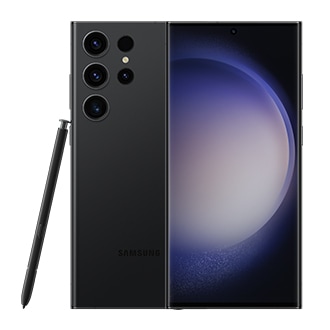 Dois telefones Galaxy S23 Ultra em Preto Fantasma, um visto de frente e outro visto de trás. A S Pen integrada se inclina para o lado.
