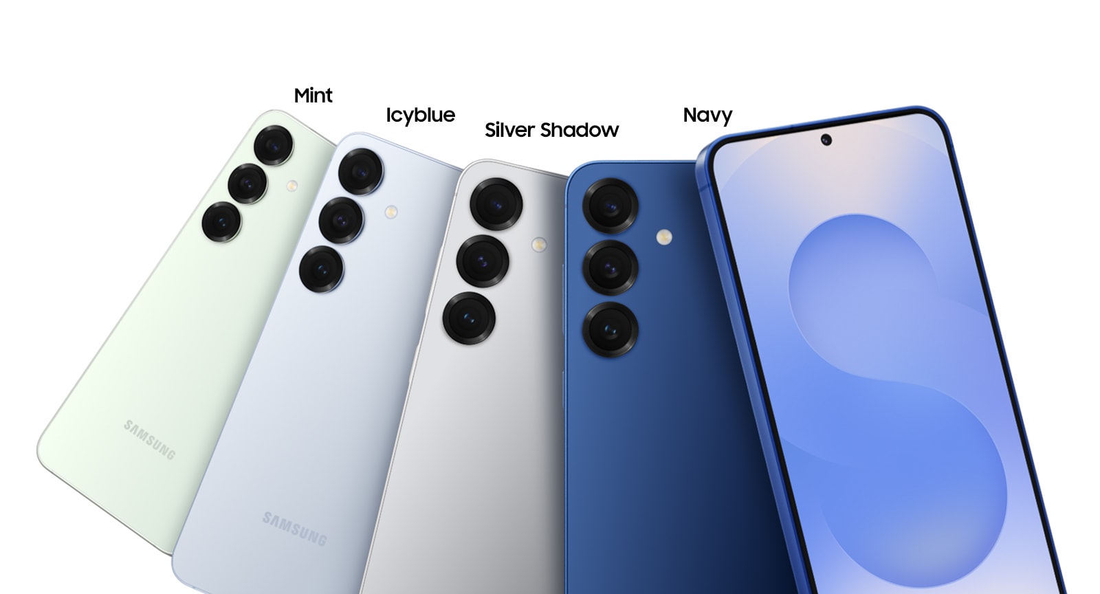 Quatro dispositivos da série Galaxy S25 estão dispostos na vista traseira, nas cores Mint, Icyblue, Silver Shadow e Navy. O dispositivo Galaxy S25 em primeiro plano está em Navy, na vista frontal.