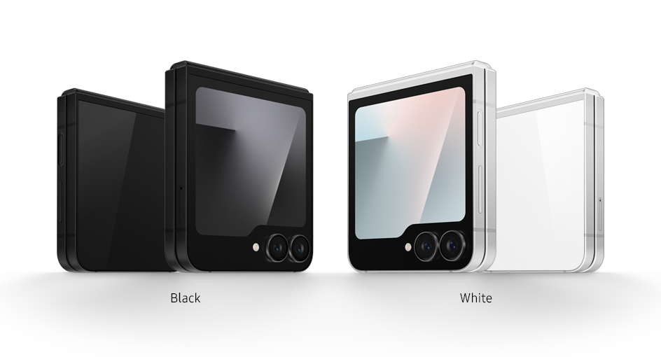 Quatro telemóveis Galaxy Z Flip7 FE estão dobrados e de pé. Dois são na cor Preto, com um virado para a frente e o outro para trás. Dois são na cor Branco, com um virado para a frente e o outro para trás.