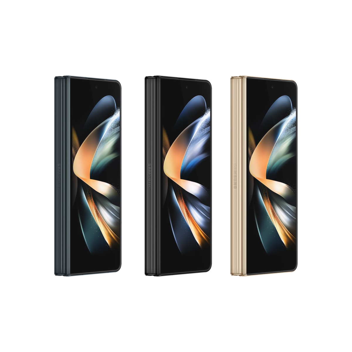 Three folded Galaxy Z Fold4s with a colorful, ribbon-like wallpaper stand  vertically, stacked flush together and spinning on a vertical axis. They  are each a different color: Graygreen, Phantom Black, 