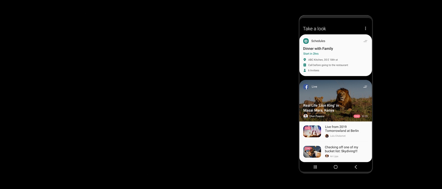 智慧型手機的螢幕擷圖，圖片顯示在 Bixby 主頁上執行的 Schedules、Live(Facebook) 應用程式。