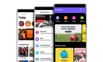 A front view of three Galaxy smartphone running My Galaxy, My Assistant, gaana services.
