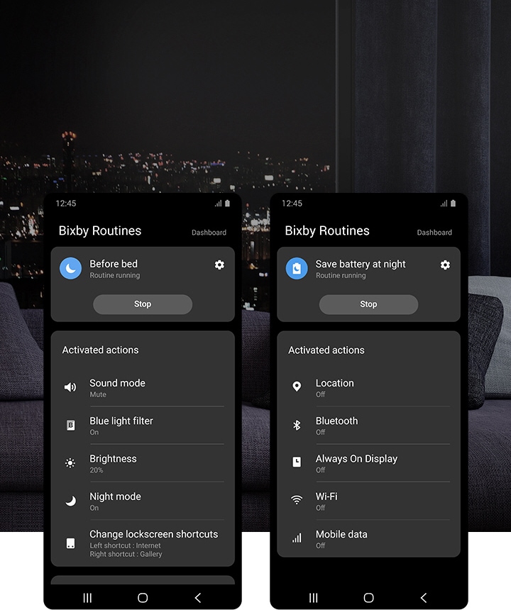 黑暗中起居室的形象。 智能手机的模拟叠加与屏幕Bixby Routines 应用程序。 您可以在 Bixby Routines 中看到显示睡前模式和夜间节省电池模式的屏幕截图。