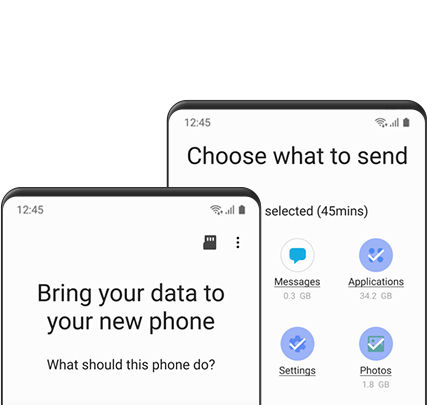There are two screenshots lined up. The first shows the user being asked if they want to send or receive data. The second shows applications, Settings, Photos, etc. selected as the data to send.