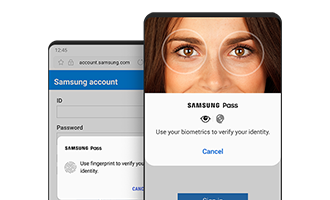 Front view of two smartphones authenticating biometric data via Samsung Pass.