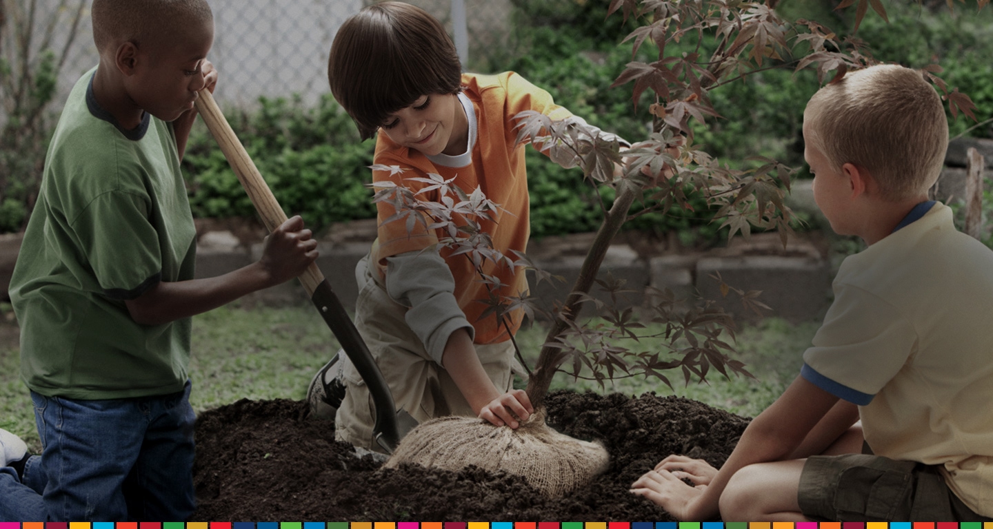 Tres niños están usando el trabajo en equipo para plantar un árbol joven juntos. La aplicación Samsung Global Goals permite a todos participar en la creación de un futuro más brillante.