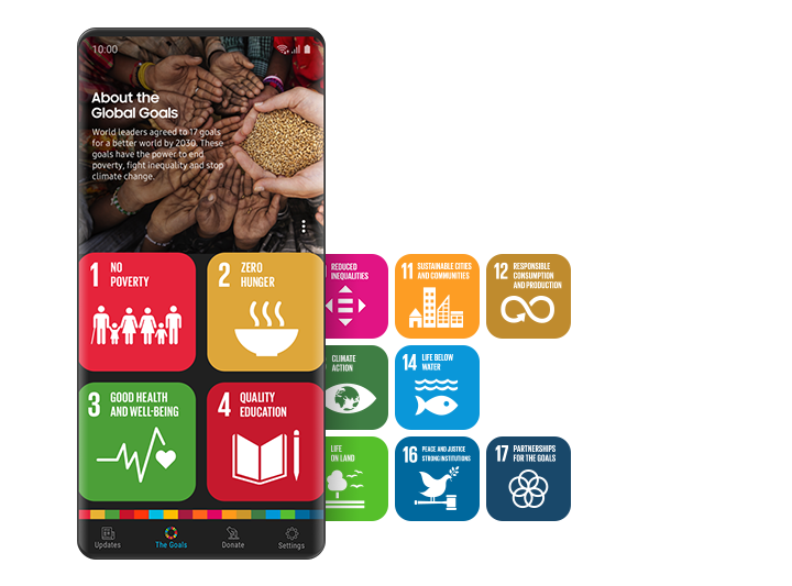 En la pantalla principal de Samsung Global Goals, los mosaicos coloridos con símbolos conceptuales representan cada uno de los 17 objetivos. La aplicación proporciona a los usuarios información sobre los objetivos de desarrollo sostenible.