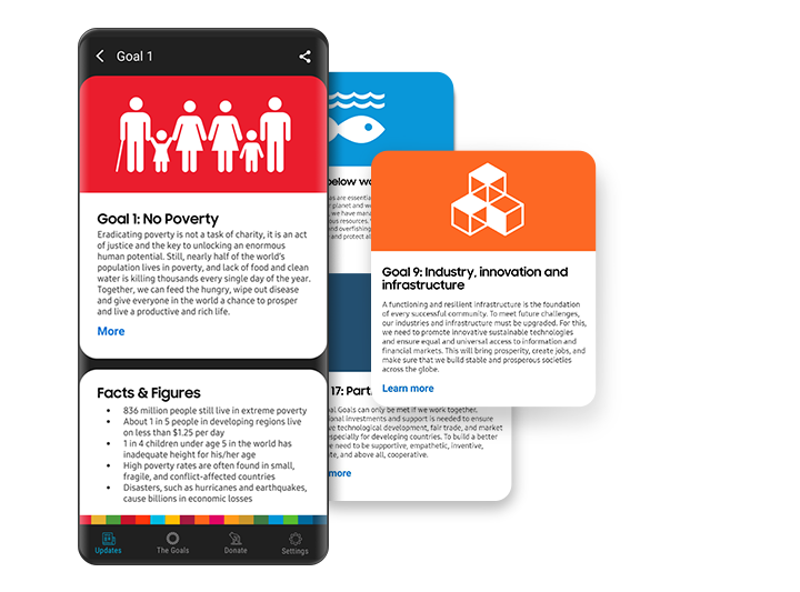 En la aplicación Samsung Global Goals, una tarjeta de objetivo muestra describe el fondo y el objetivo de un objetivo, y la siguiente tarjeta «Facts & Figures» proporciona estadísticas relevantes sobre el estado actual de cada desafío.