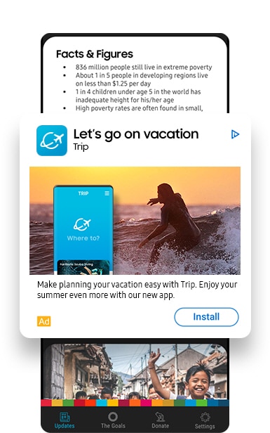 Samsung Global Goals gränssnitt förstorar en simulerad prov in-app annons.
