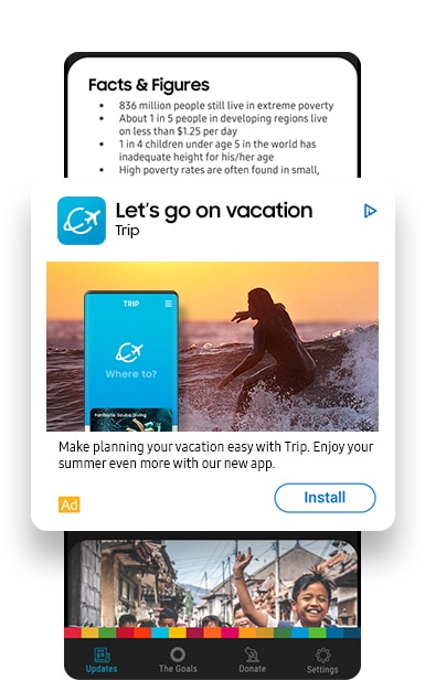 Interfaz Samsung Global Goals amplifica un anuncio de ejemplo simulado dentro de la aplicación.