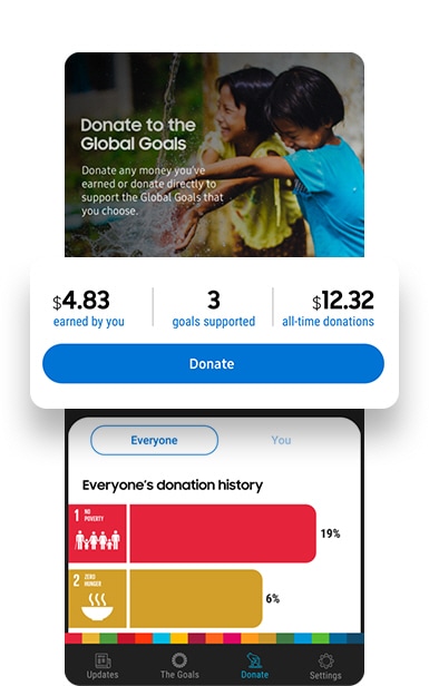 스마트폰 화면에 삼성 글로벌 골스 앱 페이지가 보입니다. 중앙의 기부하기 버튼과 대시보드 툴이 확대되어 보여집니다. 대시보드는 사용자의 현재 적립금과 기부 내역을 요약해서 보여줍니다.