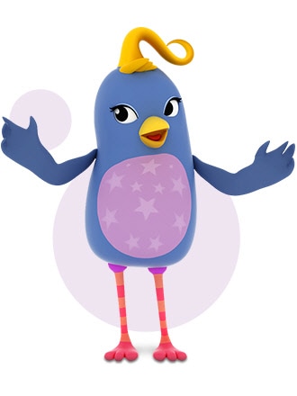 Imagen simulada de Lisa el pájaro del pueblo de Samsung Kids con el icono para la aplicación de Banda musical de Lisa.